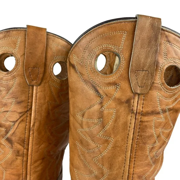 Vintage Cowhide Steel-toe Western Cowboy Brown Leather Boots Stitchwork Mens 8.5 - Picture 9 of 16